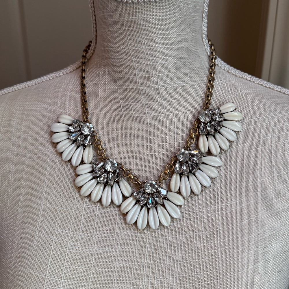 J. Crew White, Gold with Rhinestone Statement Necklace